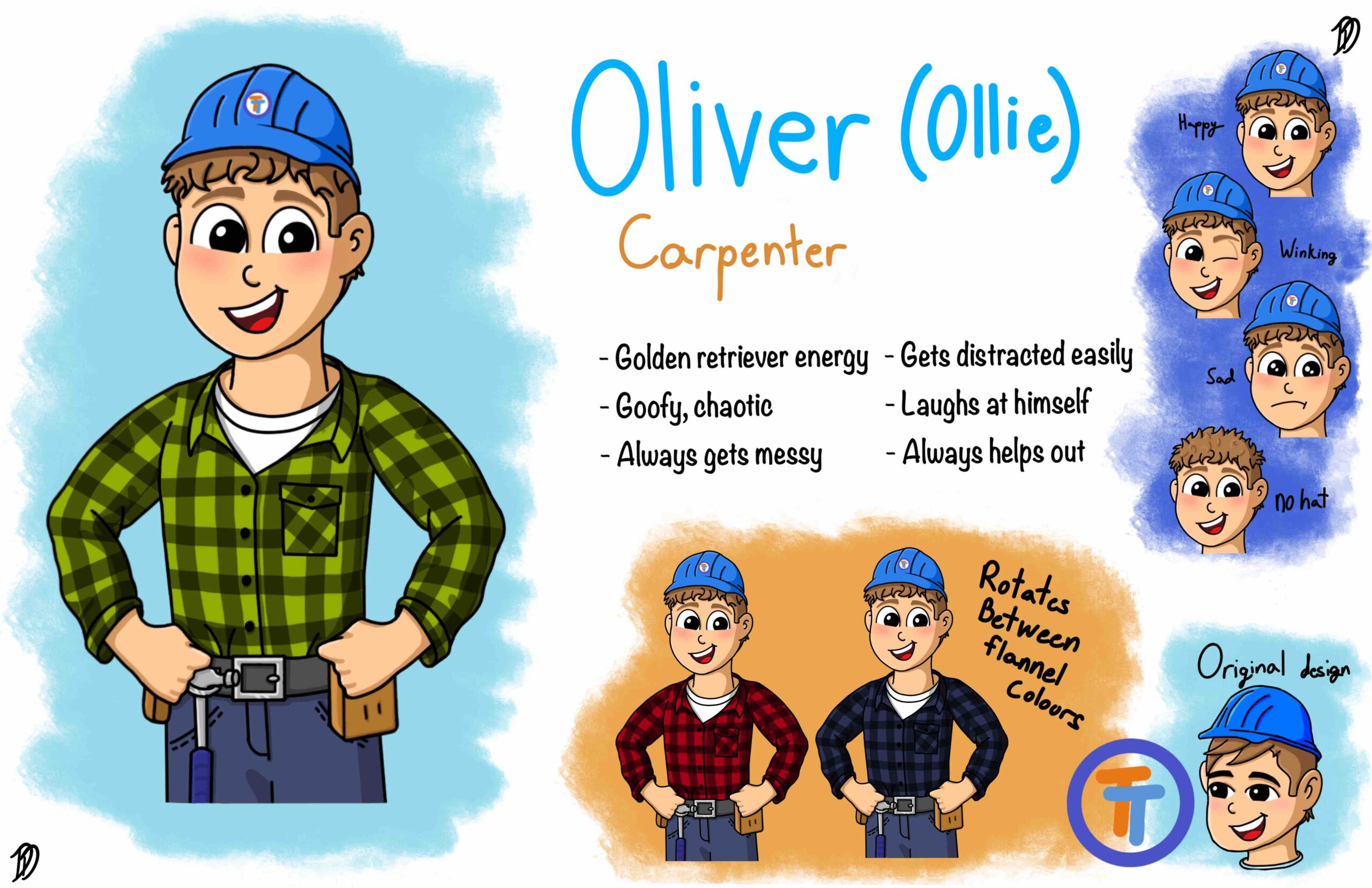 Ollie's Character card highlighting design, expressions and personality. ollie is the carpenter. he is goofy, chaotic and easily distractible. has a golden retriever energy and is always getting messy. he's laughs at himself and is always helping out.