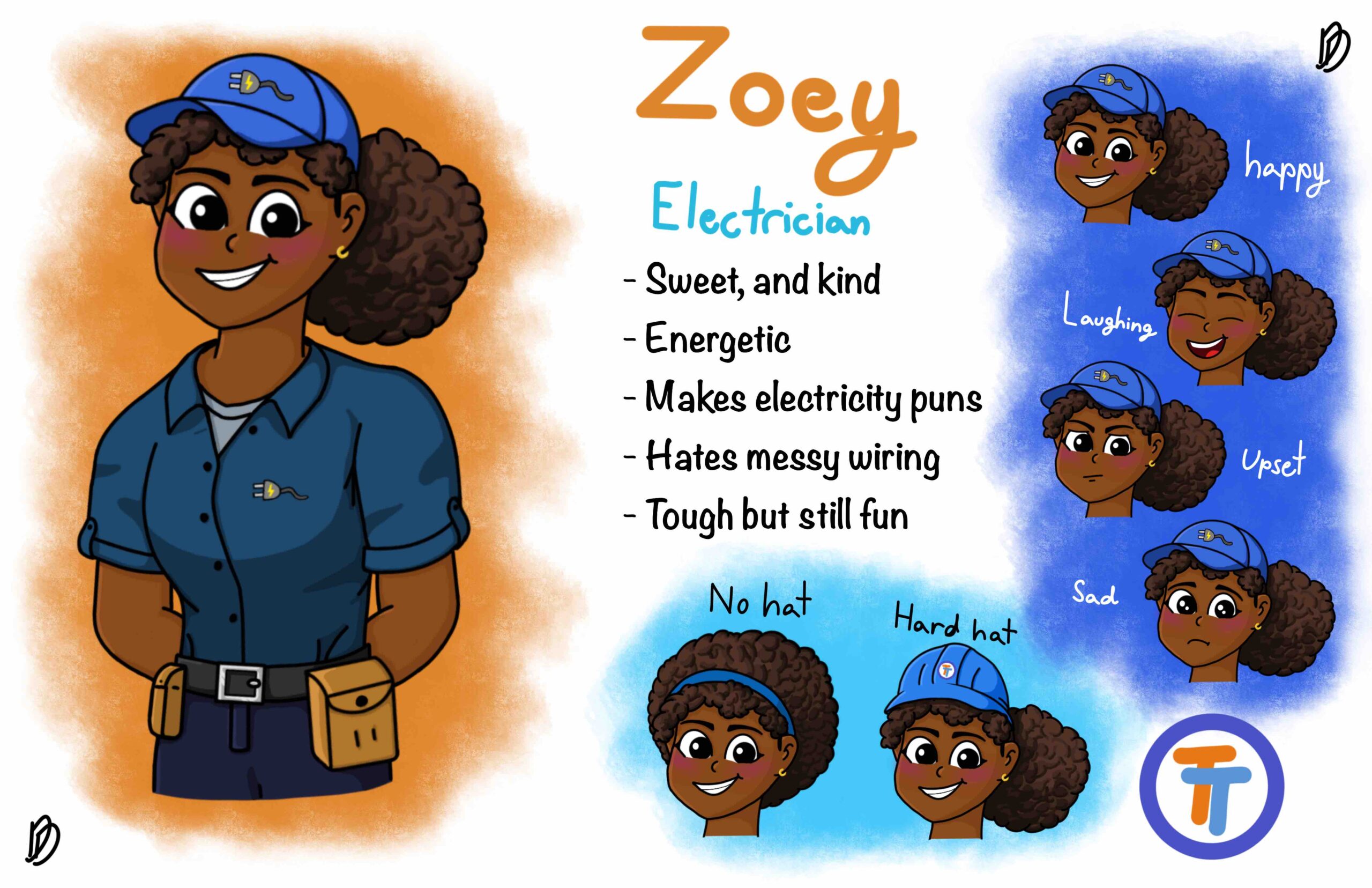 Zoey's Character card highlighting design, expressions and personality. Zoey is the electrician. she is sweet kind and energetic. she makes electricity puns and hates messy wiring. she is tough but still fun