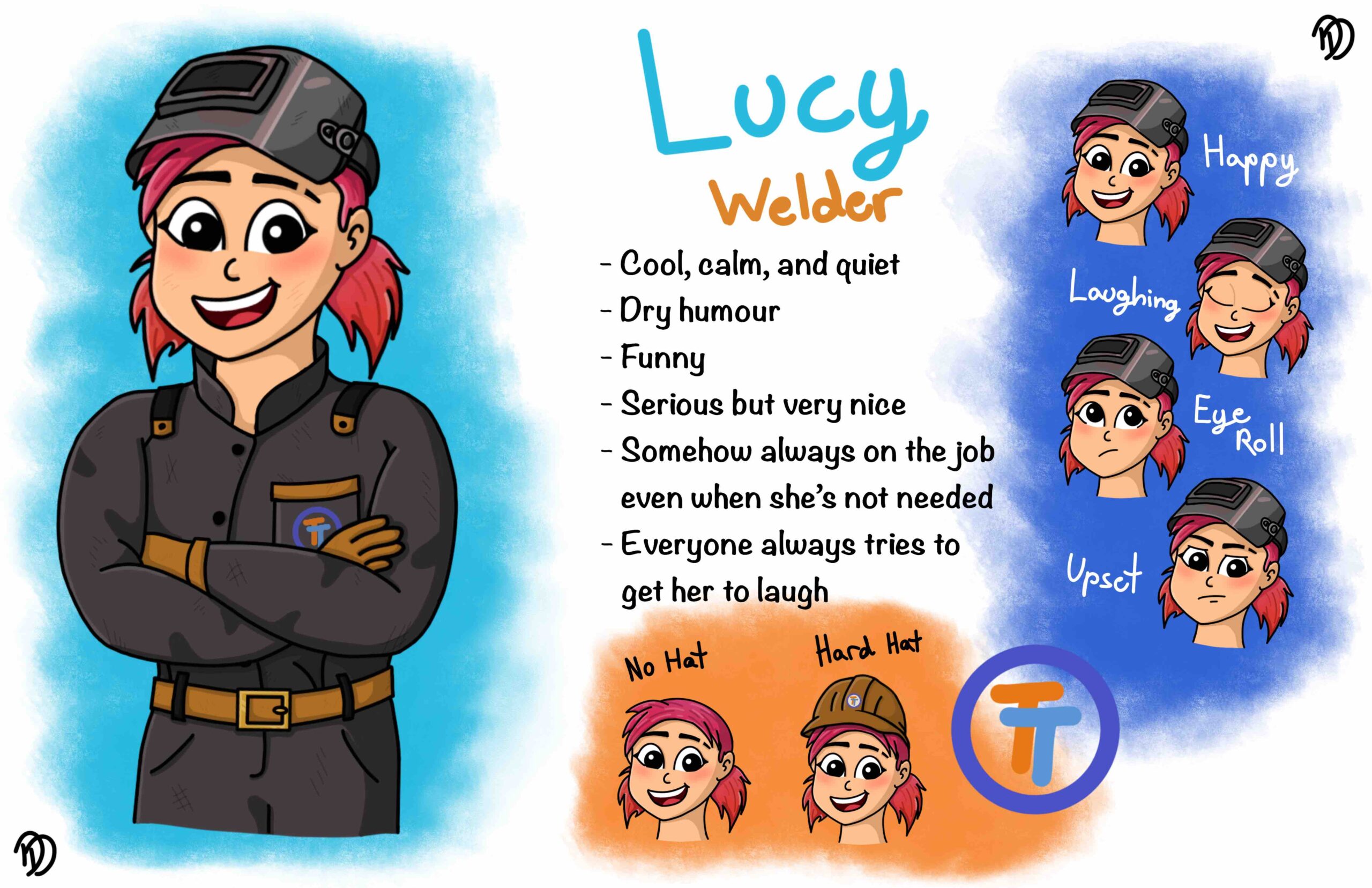 Lucy's Character card highlighting design, expressions and personality. Lucy is the welder and metal worker. she is cool, calm and quite. has a dry humour and is serious but very nice. shes somehow always on the job even when she isn't needed. everyone is always trying to get her to laugh