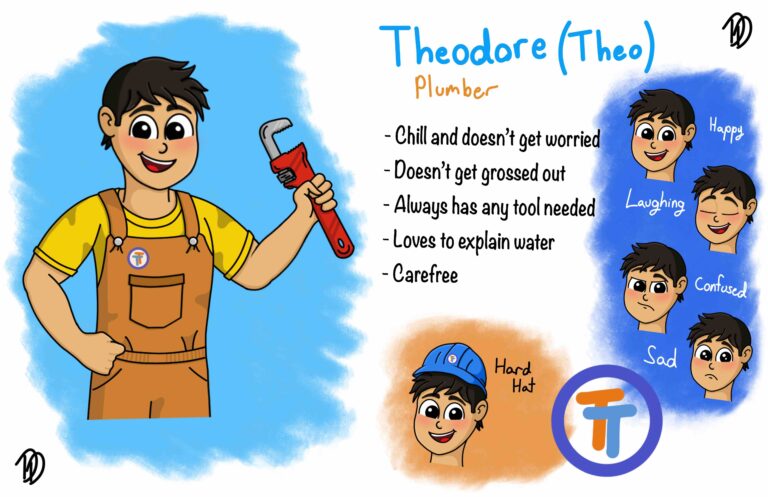 Theo's Character card highlighting design, expressions and personality. Theo is the plumber. he's chill, carefree and isn't grossed out by anything. always has any random tool needed. And he loves to explain water.