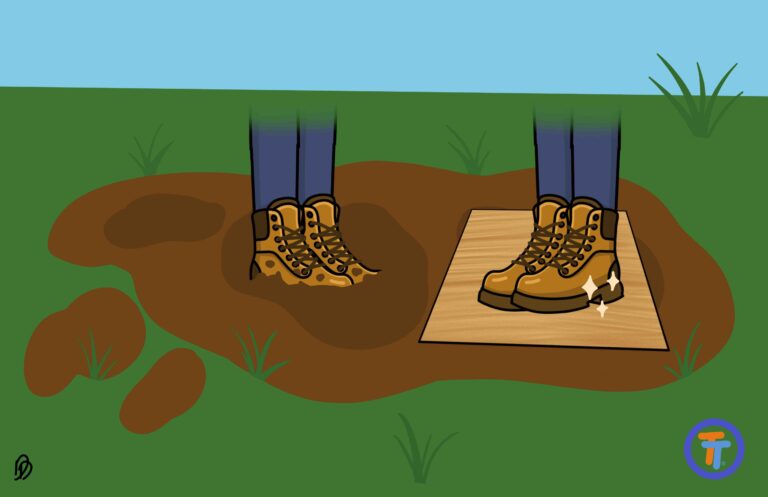 concept art of the scene where they test out the footings theory in the mud. one person is sinking in the mud the one on the plywood is staying above the mud