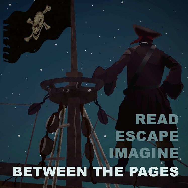 Social media post showing a pirate scene on the ocean with the text “Read. Escape. Imagine.” and “Between the Pages.”