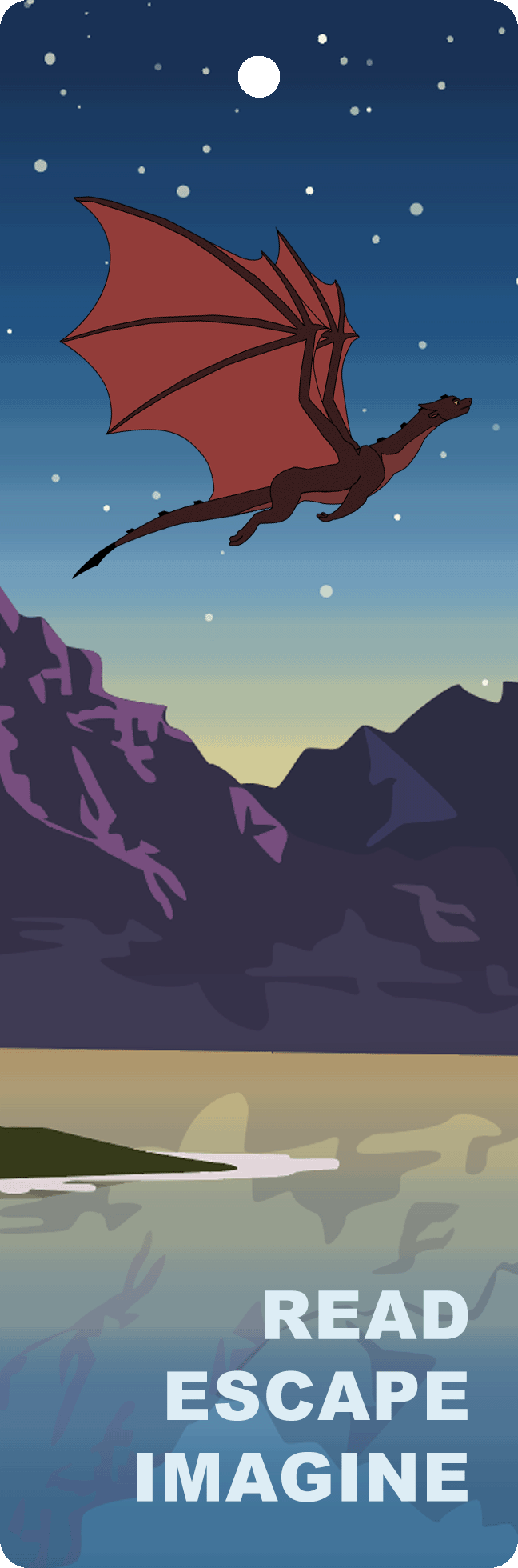 Bookmark featuring a flying dragon with the text “Read. Escape. Imagine” at the bottom.