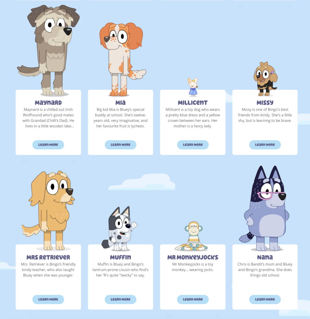 screen capture of the official Blue website character library